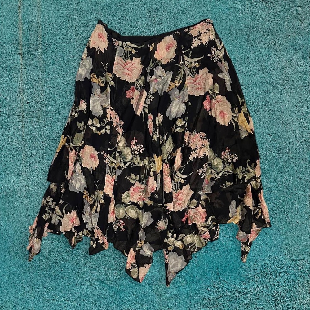 Vintage 90's Ralph Lauren 100% Silk Dark Romantic Midi Skirt w Hankerchief Hem